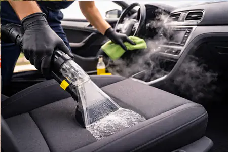 Clean interior of a Motoland hire vehicle in Leros
